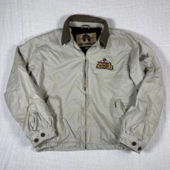 RARE Vintage Six Flags Weatherproof Genuine Leather Jacket 2001‎ Men’s XL Tan - Picture 1 of 8